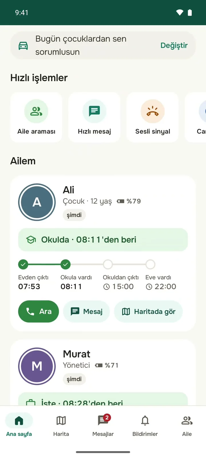 Aile kartları: Ali okulda 08:11'den beri, evden çıkış ve okula varış saatleri; Murat işte.